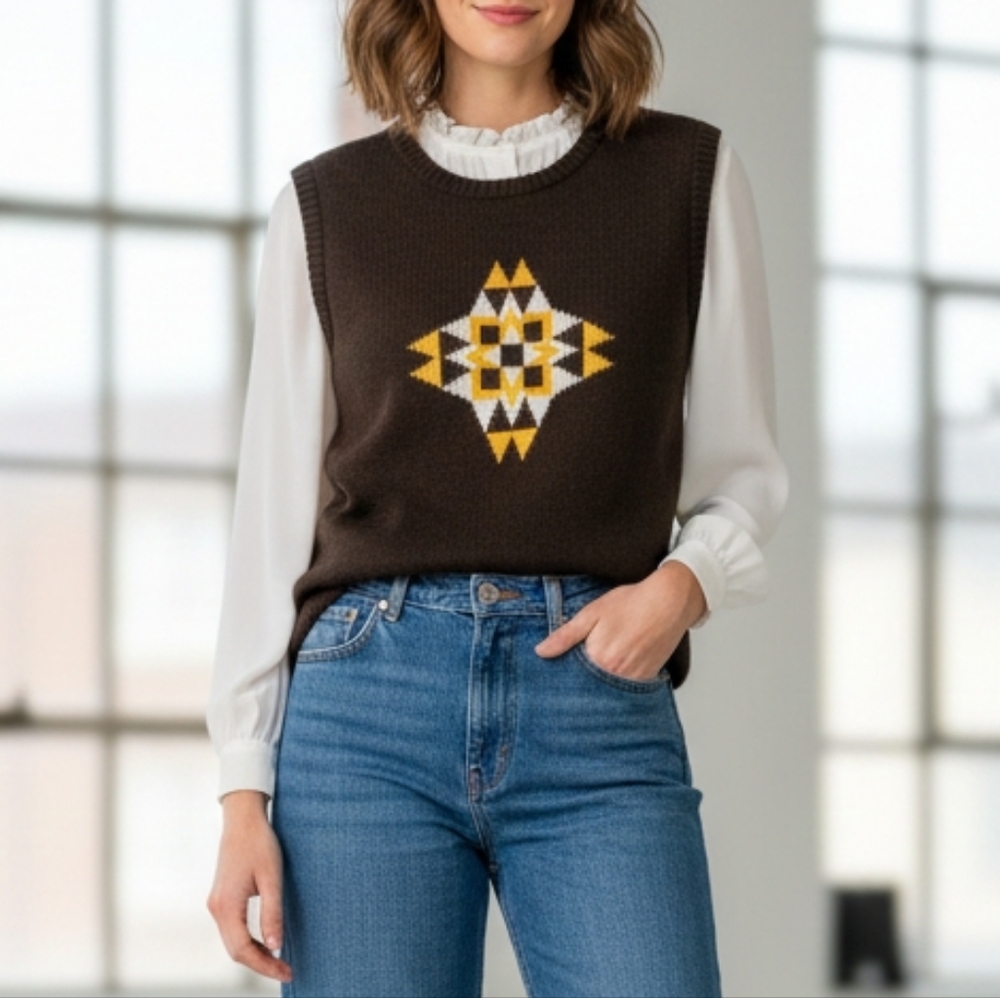 Vintage 70s Givenchy Nouvelle Boutique Vest Brown Yellow Graphic Womens Size 2 - Picture 10 of 16